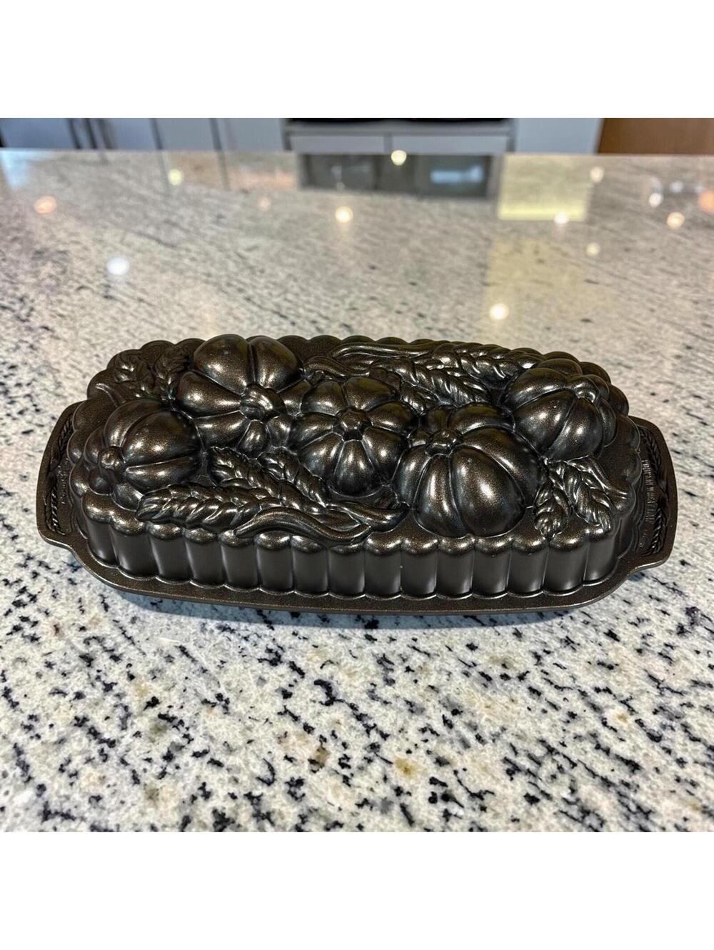 Nordic Ware Pumpkin Wheat Loaf Pan Cast Aluminum Bronze 6 Cup Harvest Bakeware